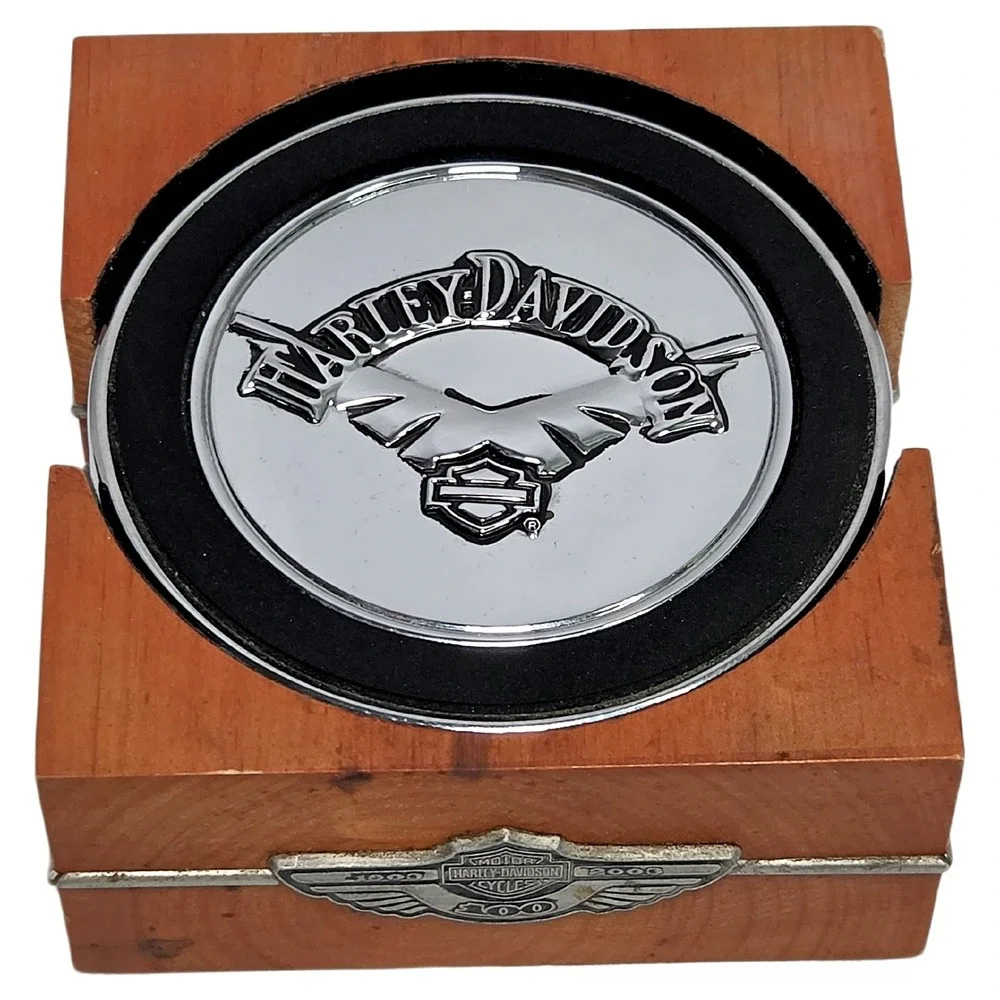 Harley-Davidson 100th Anniversary Coaster Set 4 Chrome Rubber Wood Holder 2003